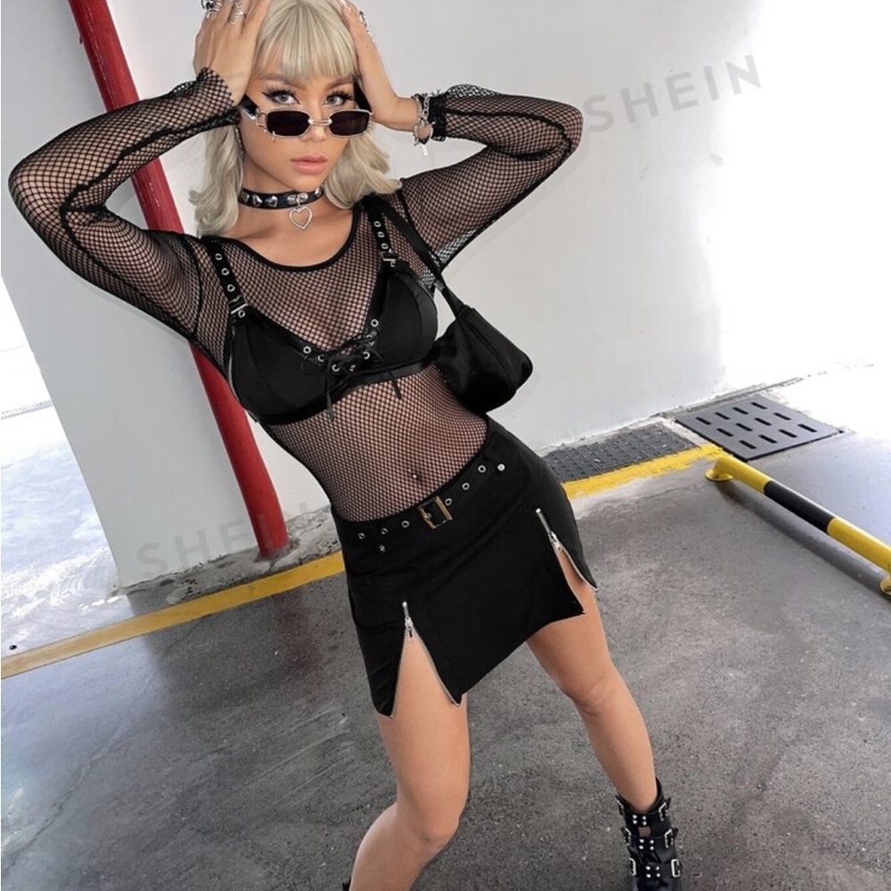 NWT 90s Rave Black Fishnet Bodysuit